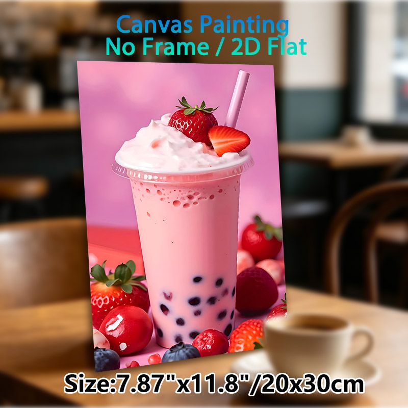 Strawberry Boba Milk Tea Painting Poster, Vibrant Luscious Beverage Art Poster, Eye-catching Food-themed Decor Idea For Café, Kitchen And Dining Area_maomaolike.com