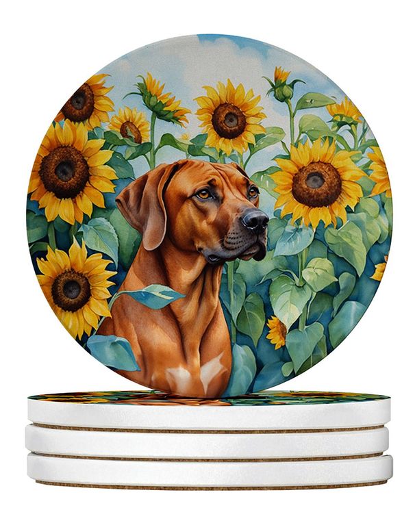 Rhodesian Ridgeback In Sunflowers Large Sandstone Coasters Pack Of 4 Absorbent Round Coasters Decor Gifts For Men Or Women, 4 In, Multicolor_maomaolike.com