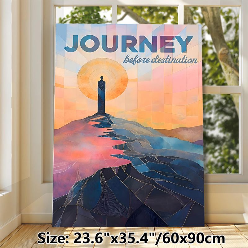 Inspirational Journey Painting Poster, Vibrant Stained-Glass Style Mountain & Figure Scene Poster, Motivational Quote Decor Ideal For Home Office_maomaolike.com