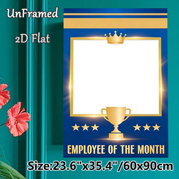 Employee Of The Month Painting Poster, Shiny Golden Trophy & Crown With Star Accents Blue-toned Poster, Ideal For Honoring Outstanding Employees_maomaolike.com