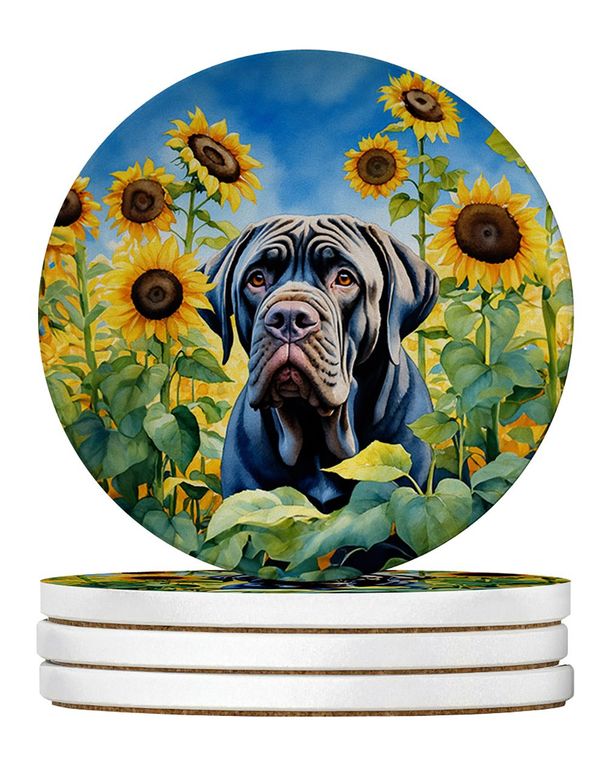 Neapolitan Mastiff In Sunflowers Large Sandstone Coasters Pack Of 4 Absorbent Round Coasters Decor Gifts For Men Or Women, 4 In, Multicolor_maomaolike.com