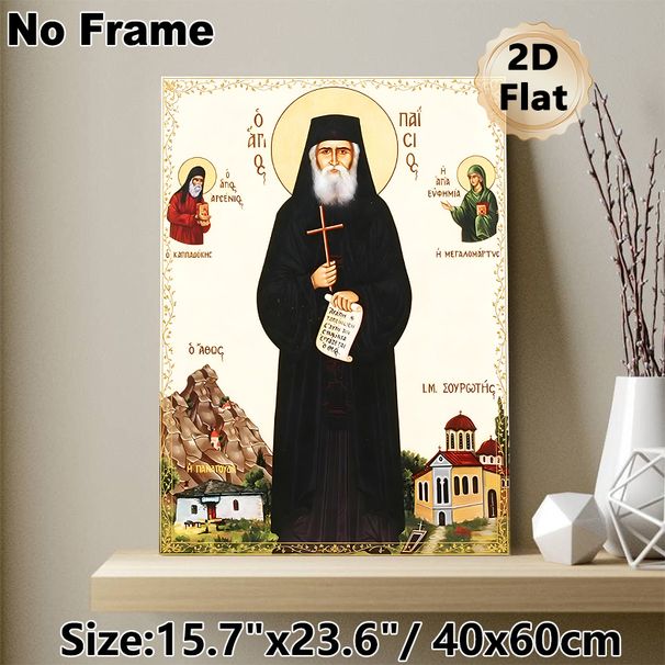 Orthodox Saint Paisios Painting Poster, Traditional Orthodox Icon Style Poster, Sacred Religious Artwork Featuring Accompanying Saints, Holy Buildings_maomaolike.com