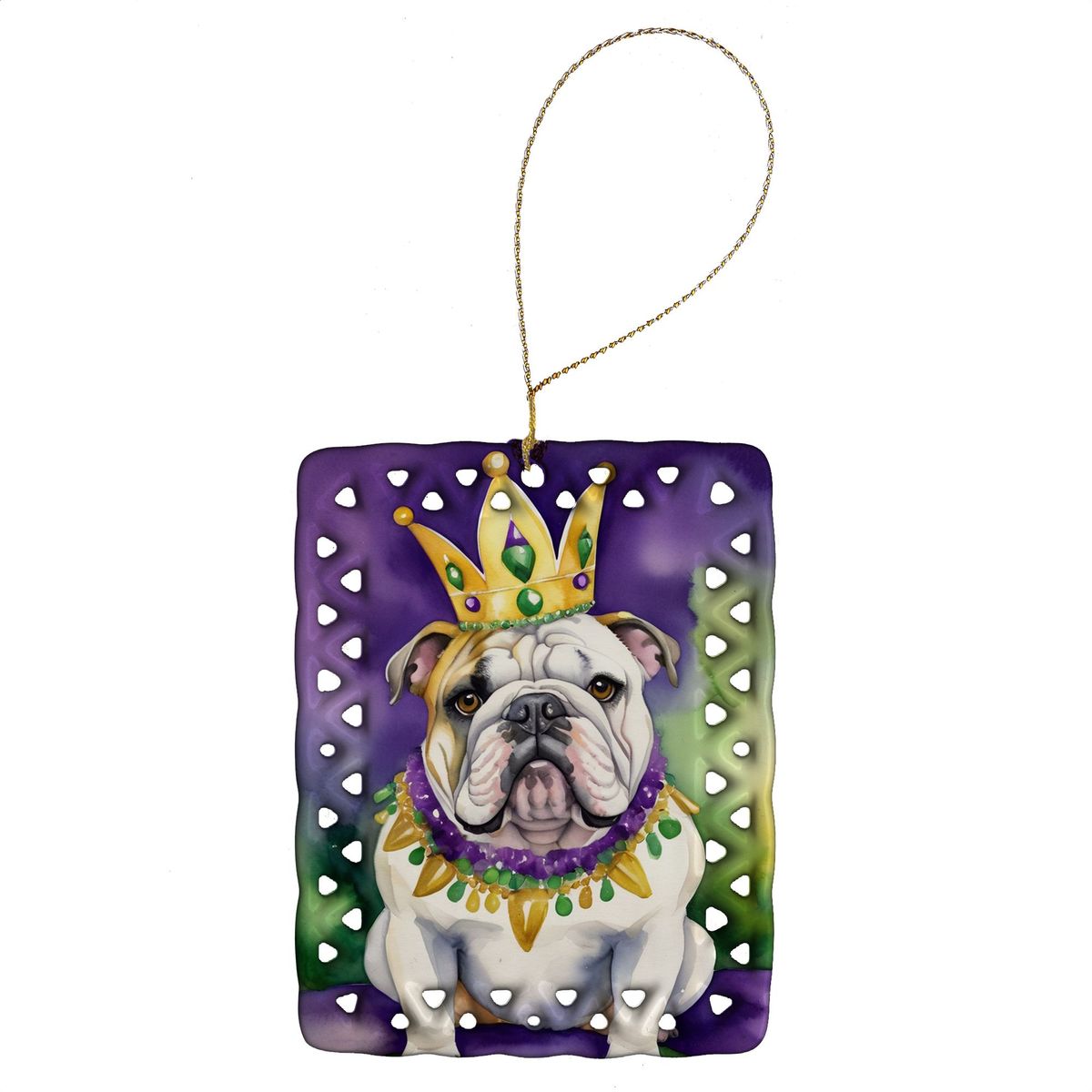 English Bulldog King Of Mardi Gras Porcelain Ornament Christmas Tree Hanging Decorations For Home Christmas Holiday, Rectangle, Gift, Multicolor_maomaolike.com