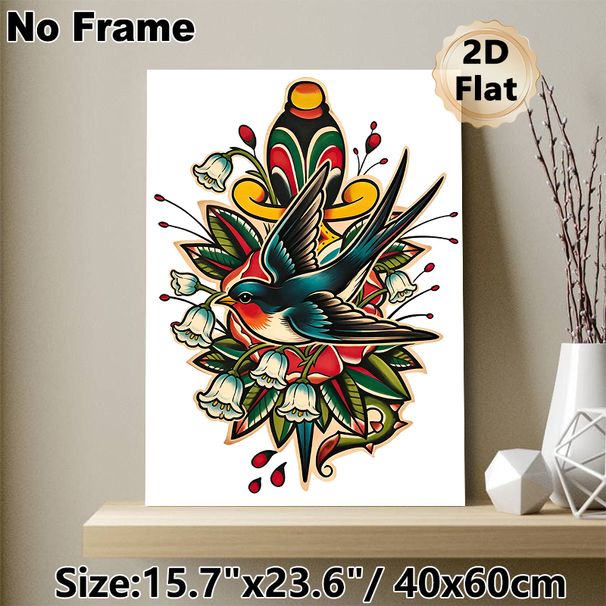 Swallow & Lily Of The Valley Painting Poster, Vibrant Vintage Tattoo Style Poster, Eye-catching Artistic Decor Suitable For Living Room, Bedroom And_maomaolike.com