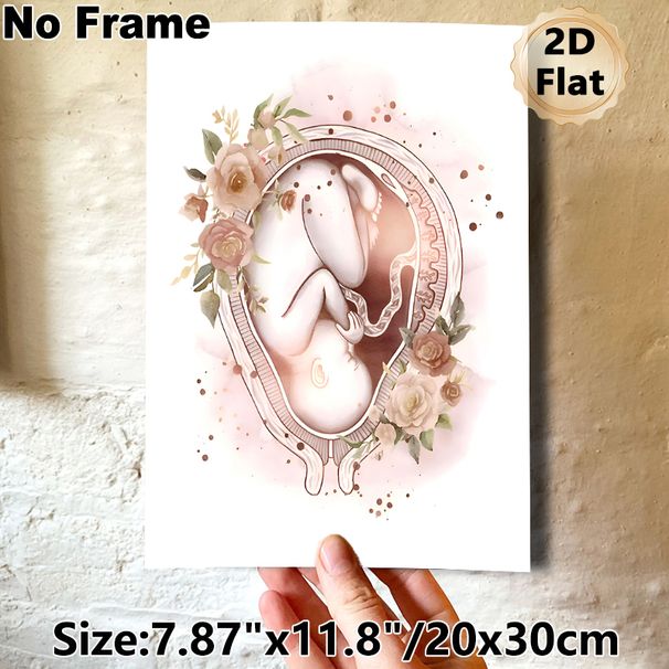 Fetus & Floral Themed Painting Poster, Soft Watercolor Style Delicate Fetus-in-Womb With Muted Roses Poster, Warm Gentle Artwork Ideal For Bedroom_maomaolike.com