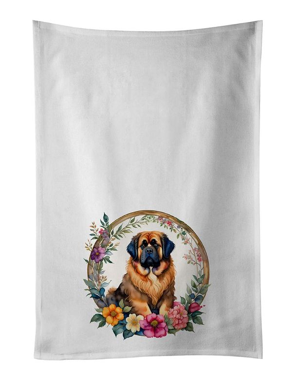 Tibetan Mastiff And Flowers Kitchen Towel Set Of 2 White Dish Towels Decorative Bathroom Hand Towel For Hand, Face, Hair, Yoga, Tea, Dishcloth, 19 X 28", White_maomaolike.com