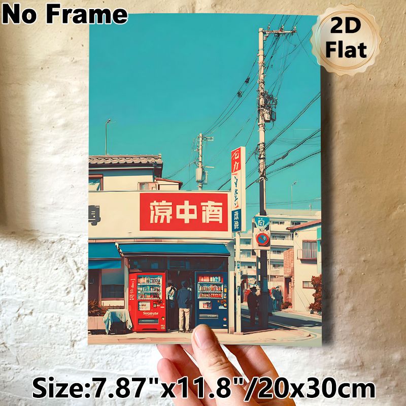Japanese Street Corner Store Painting Poster, Vibrant Retro Illustrated Urban Scene Poster, Nostalgic Cityscape Decor For Home, Living Room And_maomaolike.com