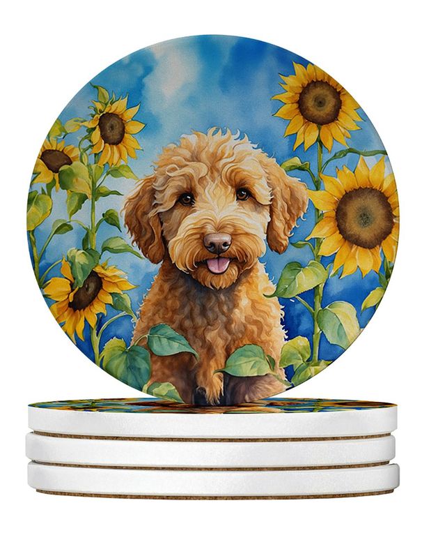 Labradoodle In Sunflowers Large Sandstone Coasters Pack Of 4 Absorbent Round Coasters Decor Gifts For Men Or Women, 4 In, Multicolor_maomaolike.com