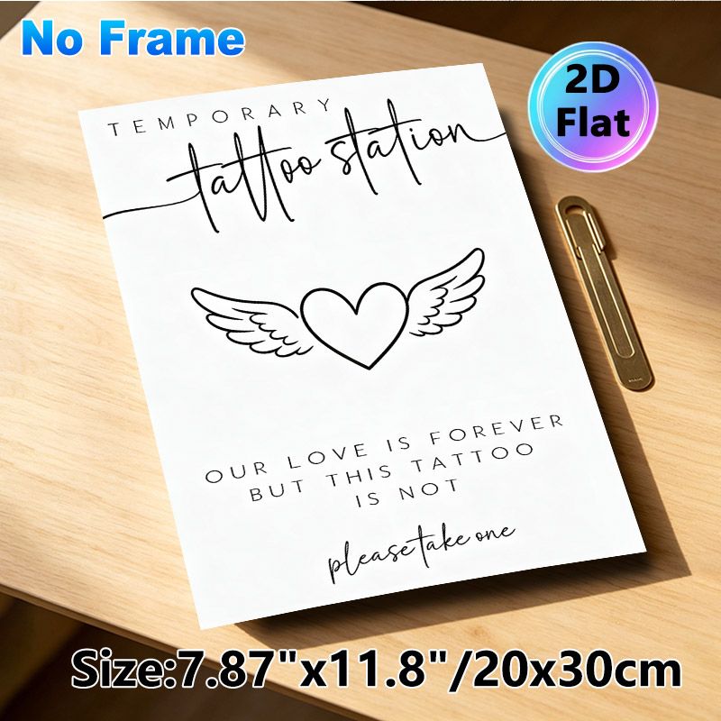 Temporary Tattoo Station Painting Poster, Minimalist Black & White Winged Heart Poster, Love-themed Decorative Sign Suitable For Wedding Receptions_maomaolike.com