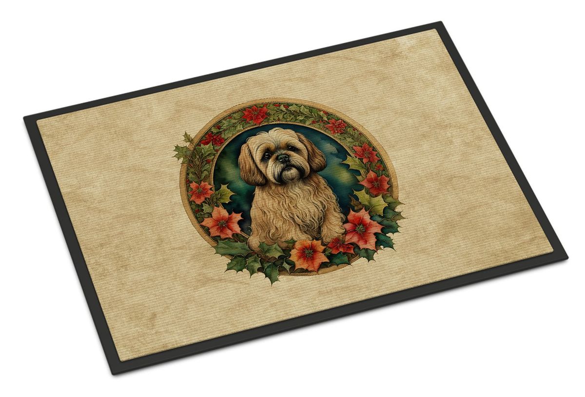 Lhasa Apso Christmas Flowers Doormat Front Door Mat Indoor Outdoor Rugs For Entryway, Non Slip Washable Low Pile, 24H X 36W_maomaolike.com