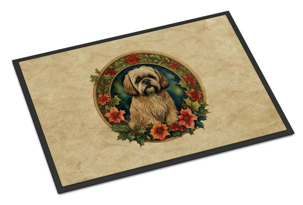 Lhasa Apso Christmas Flowers Doormat Front Door Mat Indoor Outdoor Rugs For Entryway, Non Slip Washable Low Pile, 24H X 36W_maomaolike.com