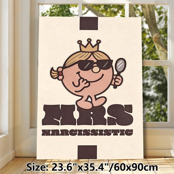 Narcissistic Themed Cartoon Painting Poster, Vintage Retro Cute Character With Crown & Mirror Poster, Playful Humorous Decor For Bedroom, Living Room_maomaolike.com