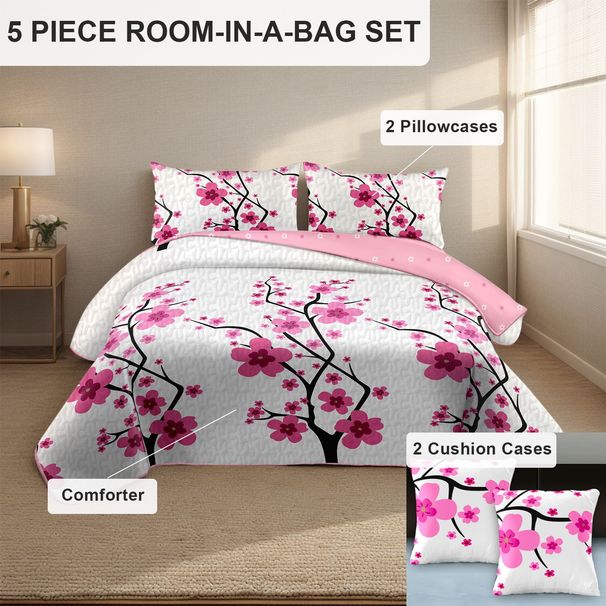 5 Piece Soft All-Season Washed Microfiber And Viscose Comforter Set , With Comforter, Sheet, Pillowcases & Shams, Print, Flowerd, Moisture-Wicking, Silky Soft Texture, Cooling, Breathable, Easy Care_maomaolike.com