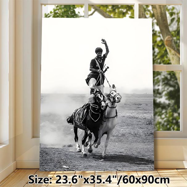 Traditional Equestrian Stunt Painting Poster, Monochrome Dynamic Rider-on-Two-Horses Scene Poster, Dramatic Vintage Art Suitable For Living Room_maomaolike.com
