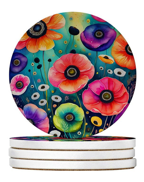 Colorful Anemones Large Sandstone Coasters Pack Of 4 Absorbent Round Coasters Decor Gifts For Men Or Women, 4 In, Multicolor_maomaolike.com
