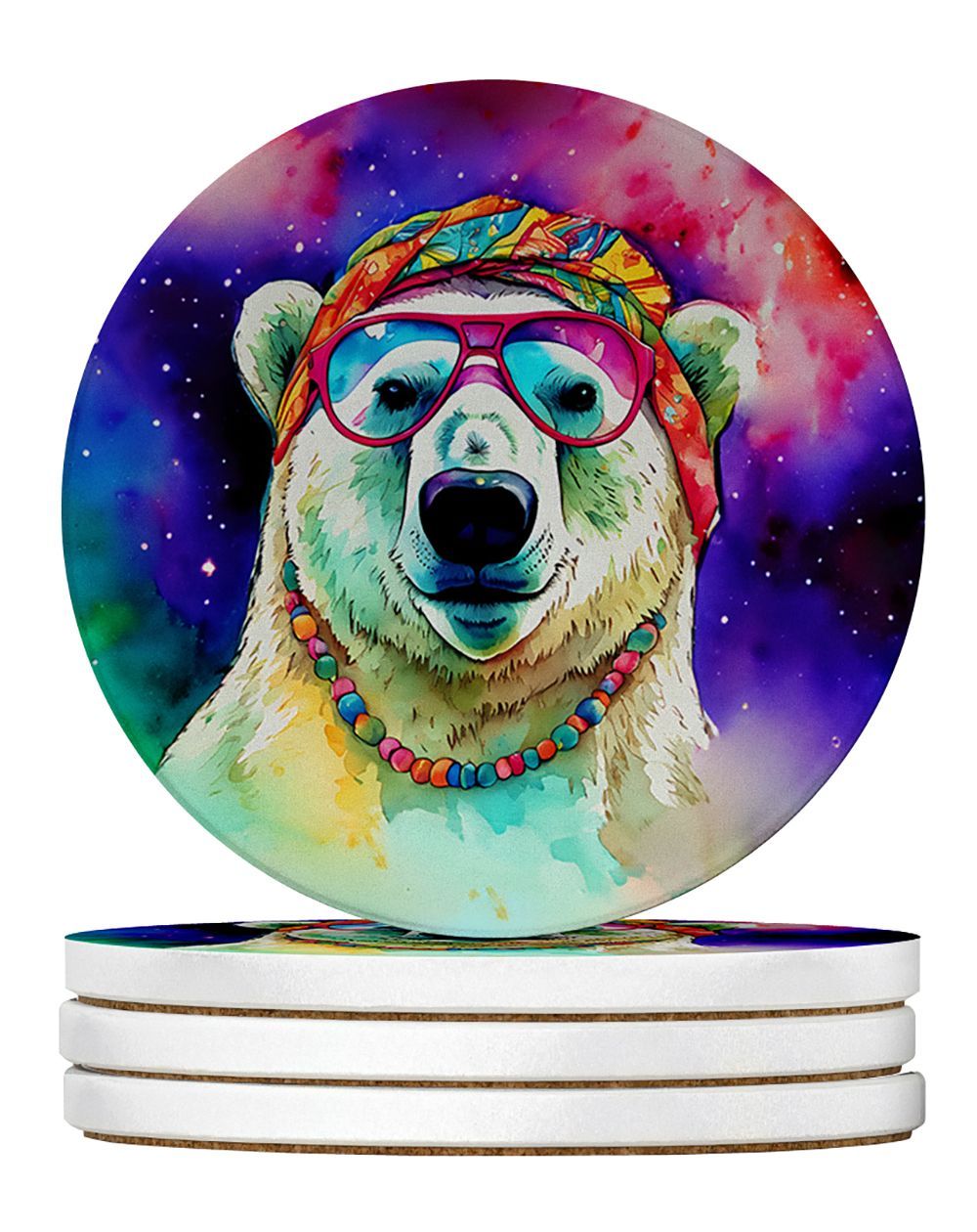 Hippie Animal Polar Bear Large Sandstone Coasters Pack Of 4 Absorbent Round Coasters Decor Gifts For Men Or Women, 4 In, Multicolor_maomaolike.com