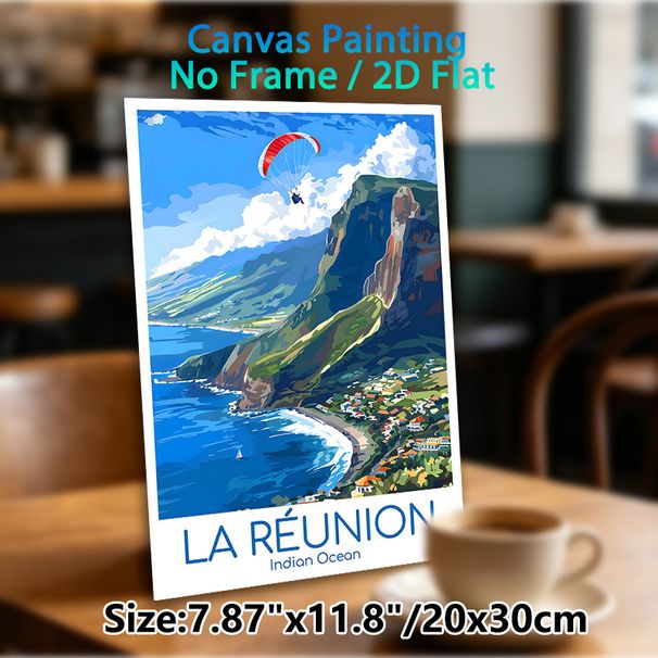 La Réunion Coastal Paragliding Painting Poster, Vibrant Retro Travel Style Poster, Scenic Ocean Cliff View With Paragliding, Ideal Wall Decor For_maomaolike.com