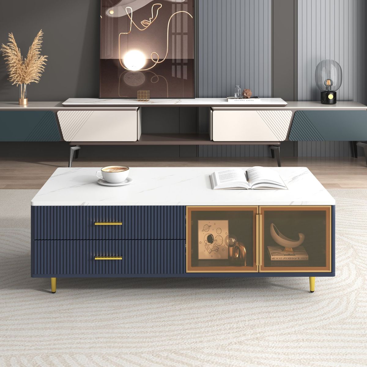 Modern Coffee Table With 2 Glass Door Storage, 4 Drawers, Gold Metal Legs, And Multi-Color Lighting In 47.2''_maomaolike.com