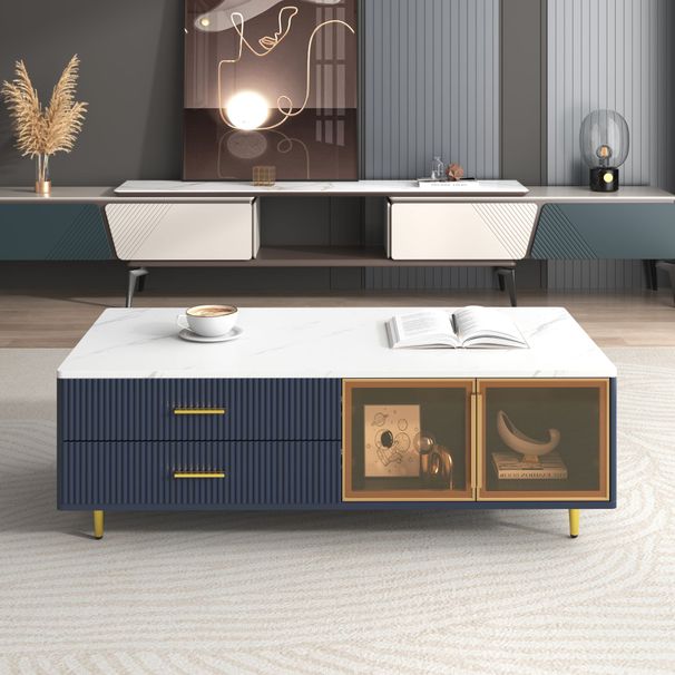 Modern Coffee Table With 2 Glass Door Storage, 4 Drawers, Gold Metal Legs, And Multi-Color Lighting In 47.2''_maomaolike.com