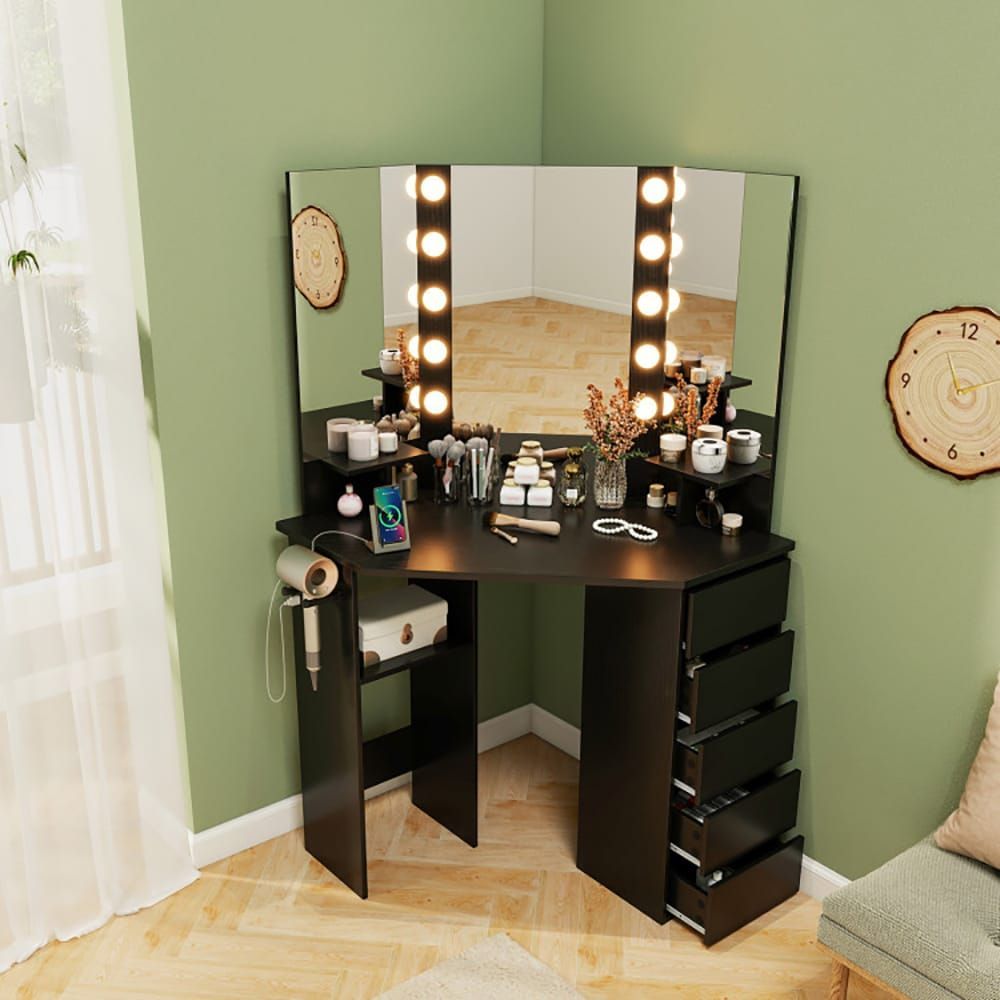 Corner Vanity Desk With 3-Color LED Lighted Mirror And Power Outlet_maomaolike.com