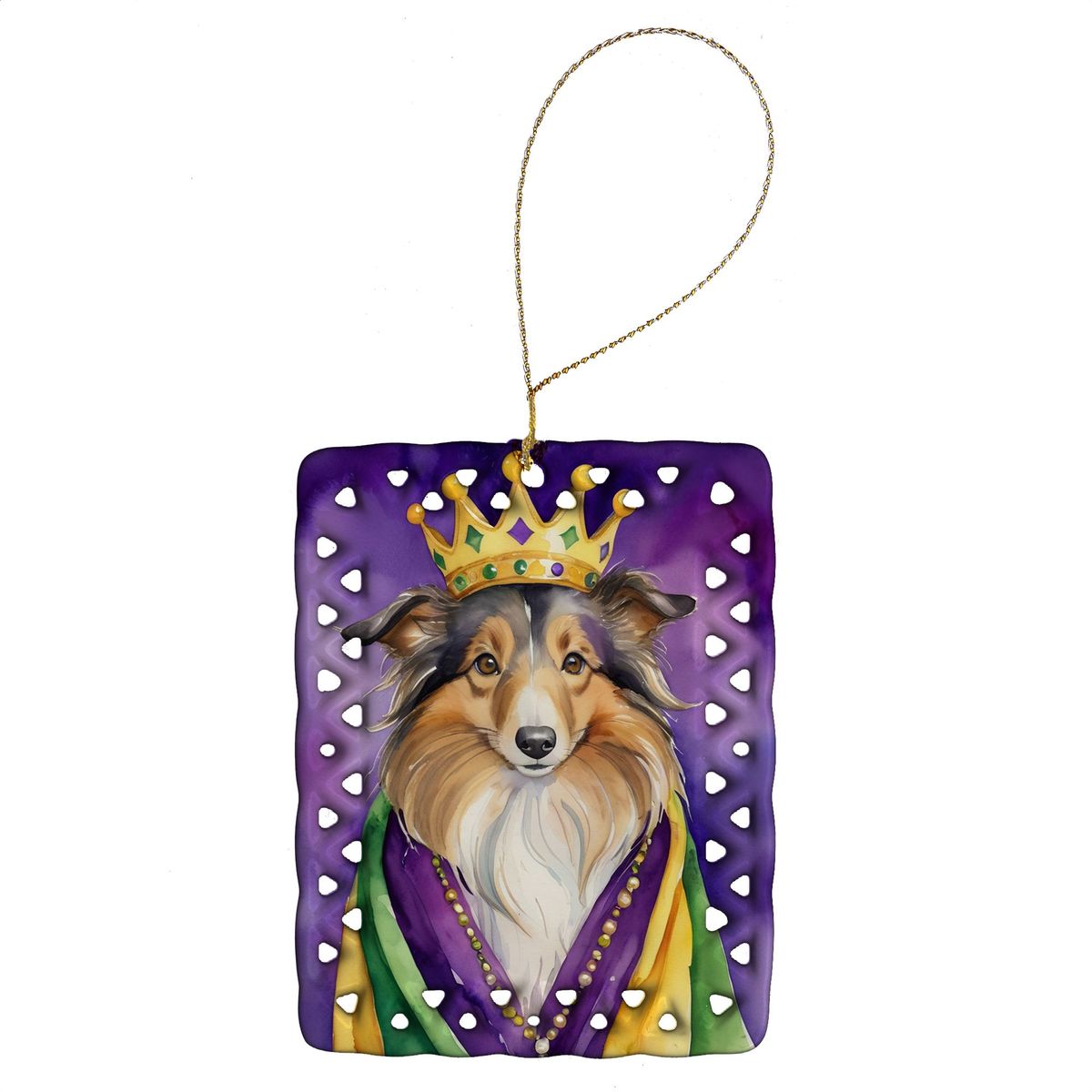 Sheltie King Of Mardi Gras Porcelain Ornament Christmas Tree Hanging Decorations For Home Christmas Holiday, Rectangle, Gift, Multicolor_maomaolike.com