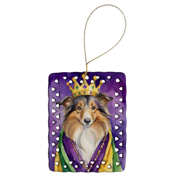 Sheltie King Of Mardi Gras Porcelain Ornament Christmas Tree Hanging Decorations For Home Christmas Holiday, Rectangle, Gift, Multicolor_maomaolike.com