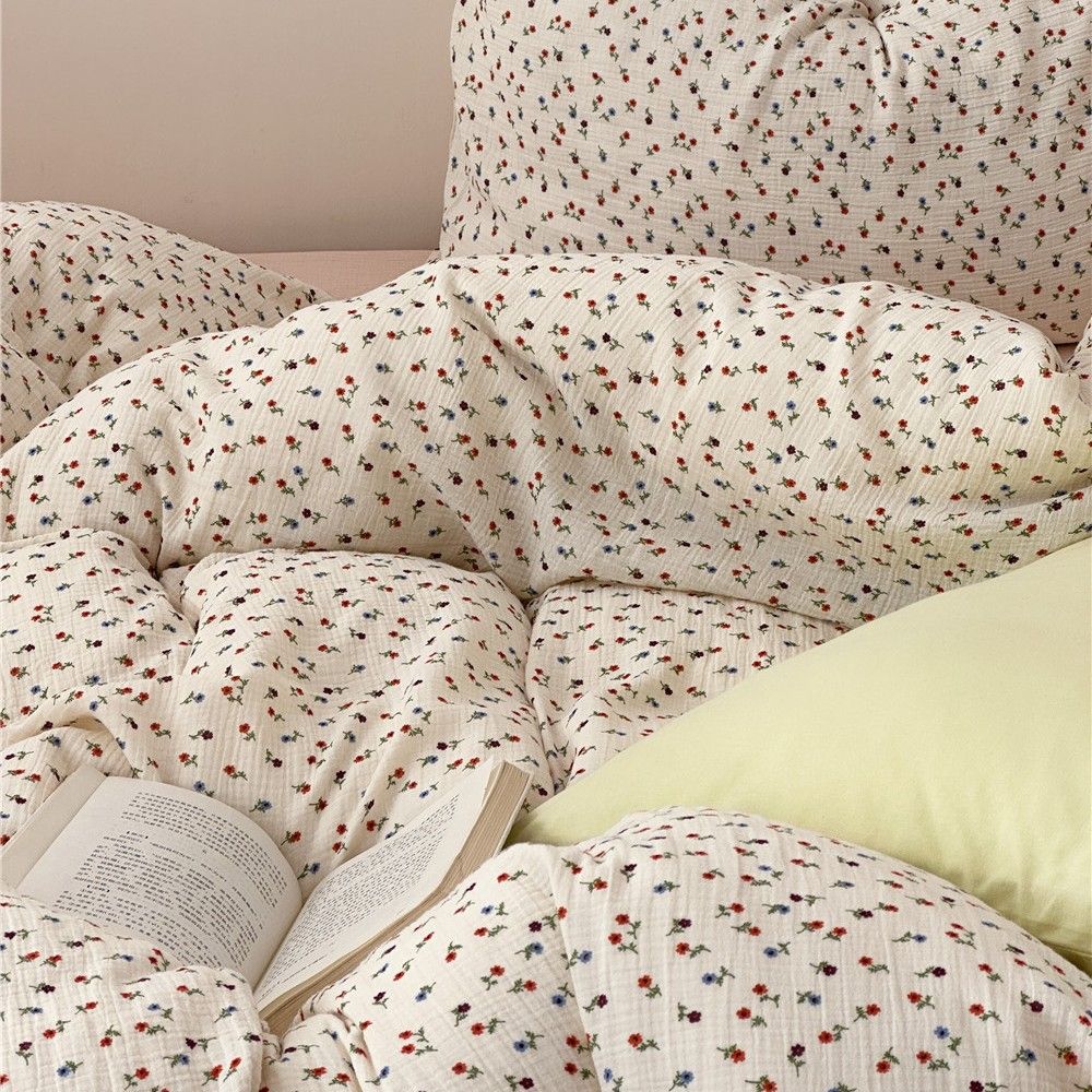 1 French Retro Small Floral 60-Count Double-Layer Crepe Gauze Four-Piece Japanese Pastoral Style Bare Sleep Breathable Set_maomaolike.com