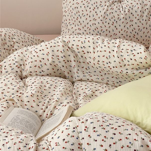 1 French Retro Small Floral 60-Count Double-Layer Crepe Gauze Four-Piece Japanese Pastoral Style Bare Sleep Breathable Set_maomaolike.com