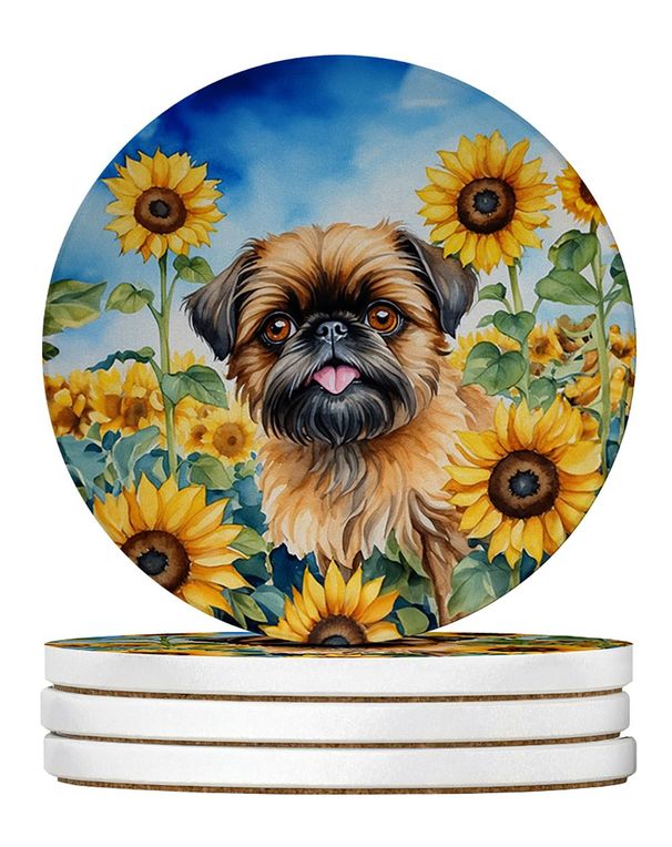 Brussels Griffon In Sunflowers Large Sandstone Coasters Pack Of 4 Absorbent Round Coasters Decor Gifts For Men Or Women, 4 In, Multicolor_maomaolike.com