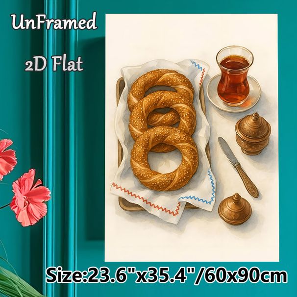 Turkish Breakfast Painting Poster, Watercolor-style Warm Sesame Bagels & Traditional Tea Scene Poster, Cozy Culinary Artwork Ideal For Kitchen, Dining_maomaolike.com