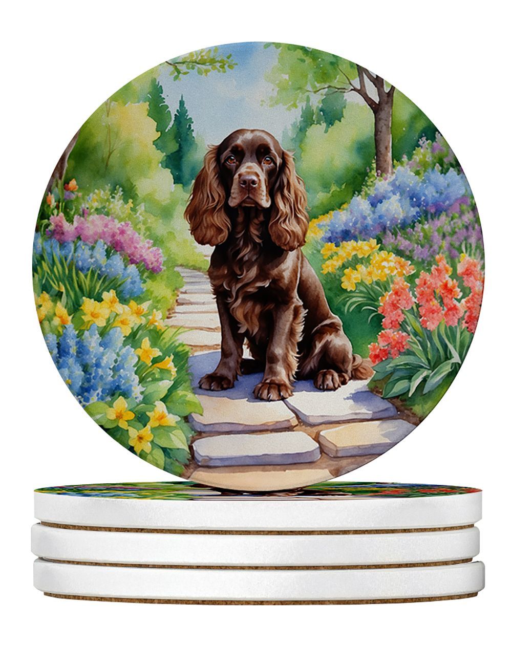 Cocker Spaniel Spring Path Large Sandstone Coasters Pack Of 4 Absorbent Round Coasters Decor Gifts For Men Or Women, 4 In, Multicolor_maomaolike.com