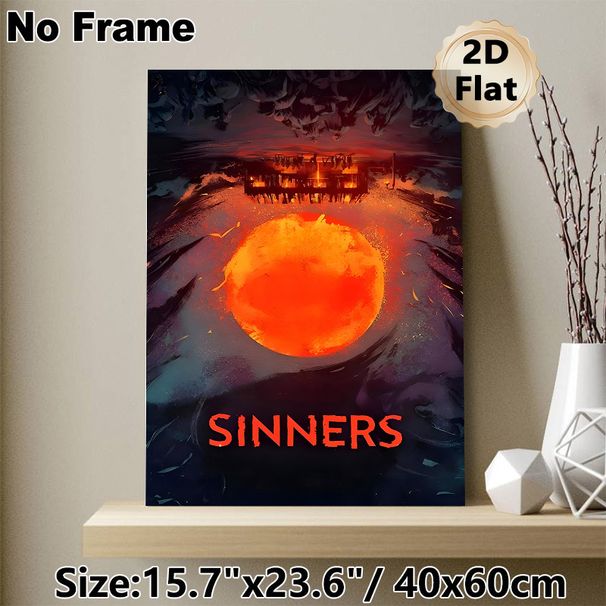 "SINNERS" Dark Themed Painting Poster, Moody Surreal Scene With Glowing Red Orb And Dimly Lit Cabin Poster, Atmospheric Dramatic Artwork Ideal For_maomaolike.com