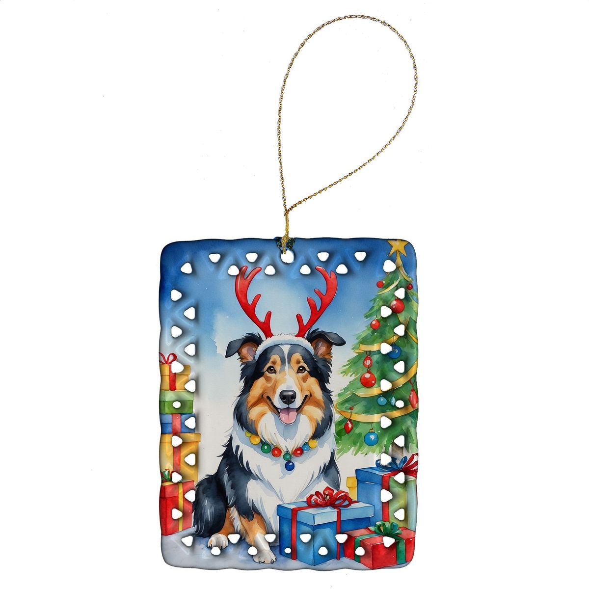 Collie Christmas Reindeer Porcelain Ornament Christmas Tree Hanging Decorations For Home Christmas Holiday, Rectangle, Gift, Multicolor_maomaolike.com