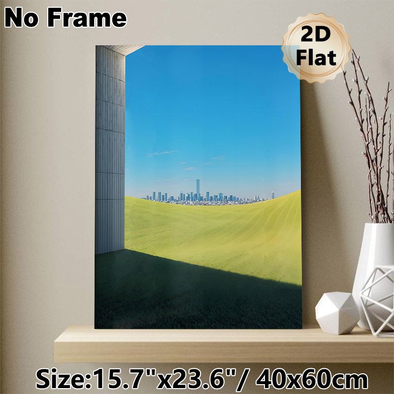 Urban & Pastoral Landscape Painting Poster, Serene Minimalist Scenic Poster, Calming City Skyline With Rolling Green Hills Design, Ideal For Living_maomaolike.com