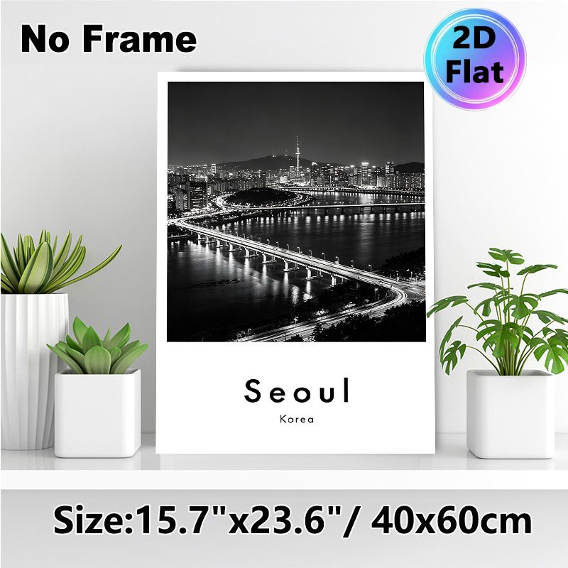 Seoul Night Cityscape Painting Poster, Monochrome Urban River & Bridge Skyline Poster, Stylish City Night View Decor Suitable For Living Room, Office_maomaolike.com
