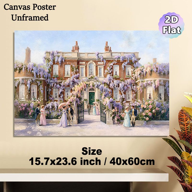 Victorian Manor Garden Painting Poster, Soft-toned Classic Oil Painting Poster, Floral-clad Stately Home With Elegant Period Figures, Brings Timeless_maomaolike.com