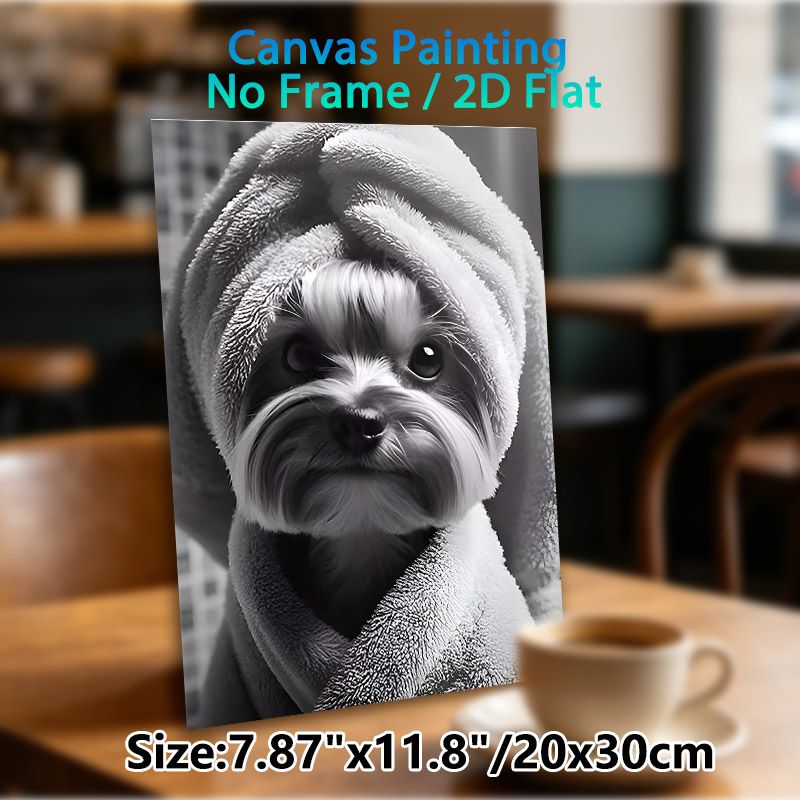 Cute Dog Painting Poster, Monochrome Realistic Fluffy Dog Wrapped In Towel Poster, Warm Cozy Vibe Ideal For Bedroom, Living Room And Pet Lovers_maomaolike.com