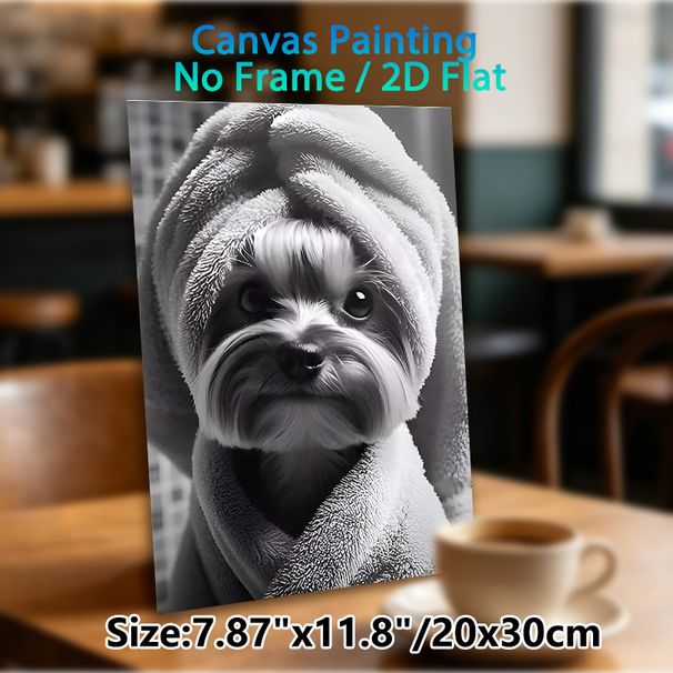 Cute Dog Painting Poster, Monochrome Realistic Fluffy Dog Wrapped In Towel Poster, Warm Cozy Vibe Ideal For Bedroom, Living Room And Pet Lovers_maomaolike.com