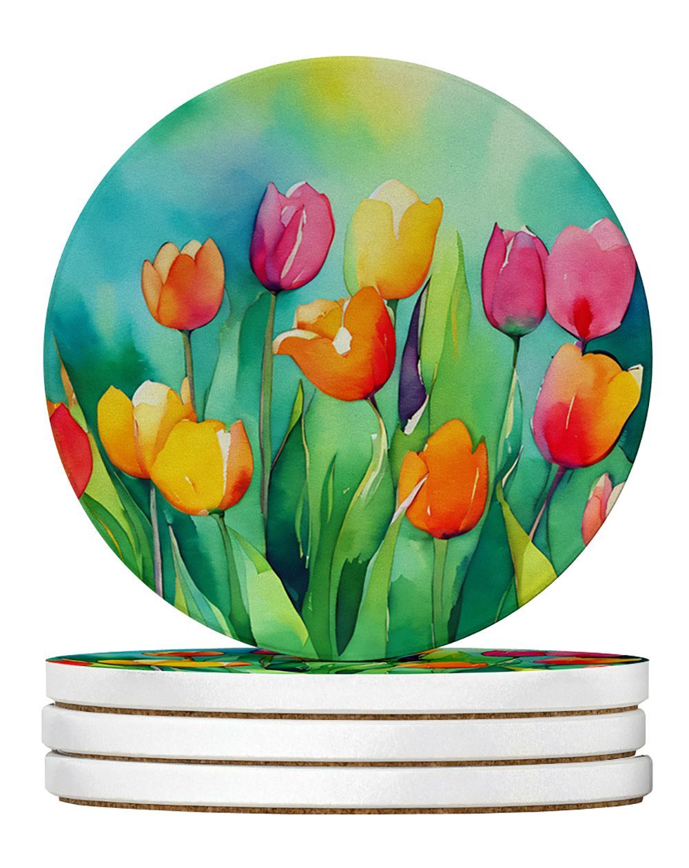 Tulips In Watercolor Large Sandstone Coasters Pack Of 4 Absorbent Round Coasters Decor Gifts For Men Or Women, 4 In, Multicolor_maomaolike.com