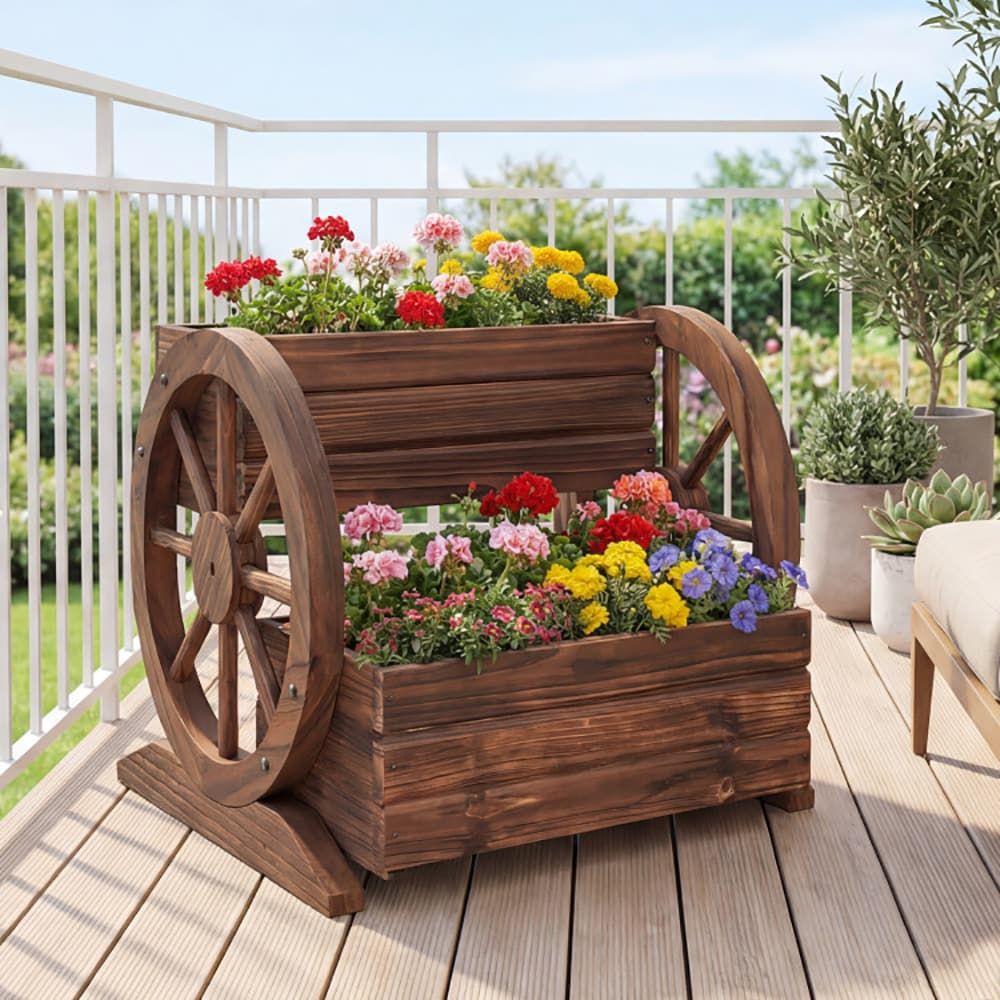 2-Tier Raised Garden Bed Rustic Fir Wood Wagon Shape With Drainage Holes And Wheels For Growing Flowers Or Displaying Potted Plants_maomaolike.com