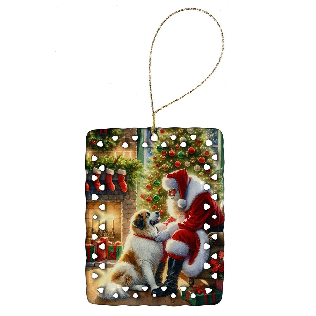 Great Pyrenees And Santa Claus Porcelain Ornament Christmas Tree Hanging Decorations For Home Christmas Holiday, Rectangle, Gift, Multicolor_maomaolike.com