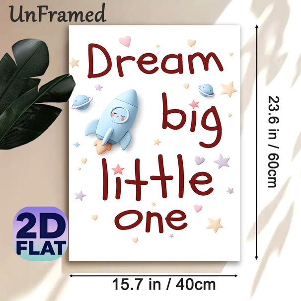 Space Rocket Inspirational Quote Painting Poster, Cute Pastel Cartoon Space Poster, With "Dream Big Little One" Text, Stars And Planets, Warm_maomaolike.com