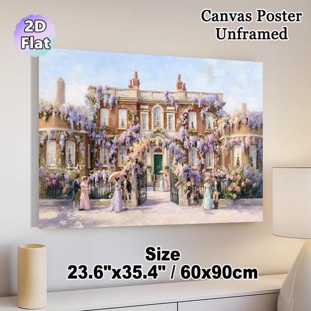 Victorian Manor Garden Painting Poster, Soft-toned Classic Oil Painting Poster, Floral-clad Stately Home With Elegant Period Figures, Brings Timeless_maomaolike.com