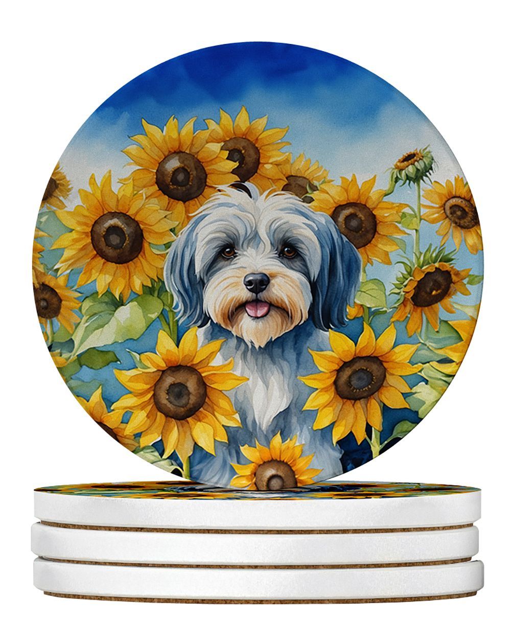 Tibetan Terrier In Sunflowers Large Sandstone Coasters Pack Of 4 Absorbent Round Coasters Decor Gifts For Men Or Women, 4 In, Multicolor_maomaolike.com