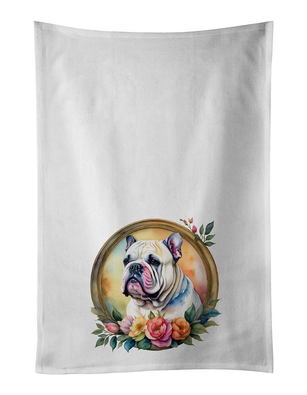 English Bulldog And Flowers Kitchen Towel Set Of 2 White Dish Towels Decorative Bathroom Hand Towel For Hand, Face, Hair, Yoga, Tea, Dishcloth, 19 X 28", White_maomaolike.com