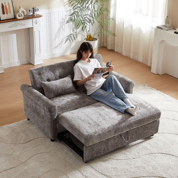 58.27 Inch 3-in-1 Loveseat Sofa Bed - Chenille Fabric Pull-Out Couch Sleeper - Full KD Back Frame, Seat Frame, Armrests & 2 Pillows - Functional Sofa Bed For Living Room - Light Gray Fabric_maomaolike.com