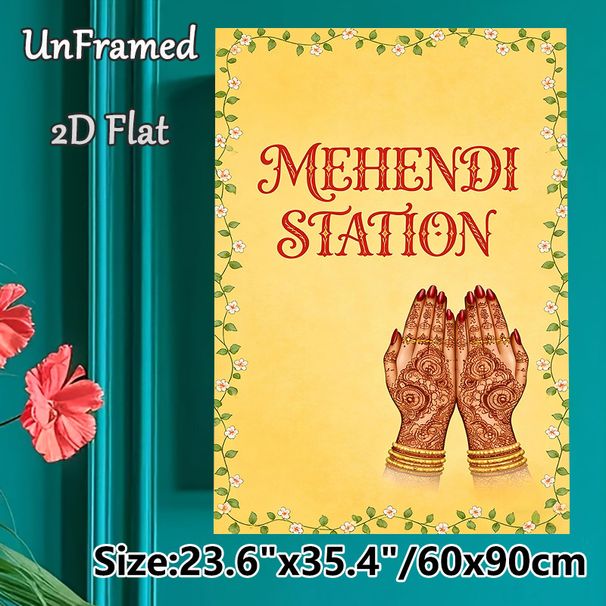 Mehendi Station Themed Painting Poster, Exquisite Traditional Henna Hand Art Poster, Authentic Cultural Decor Ideal For Wedding And Festive_maomaolike.com