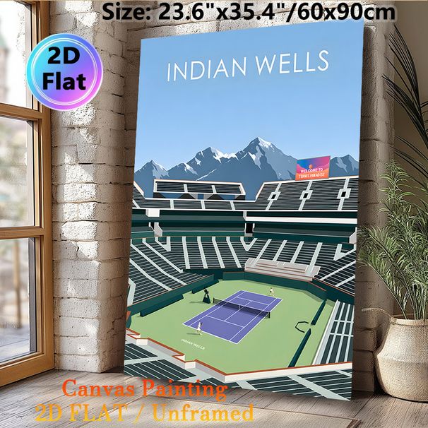 Indian Wells Tennis Stadium Painting Poster, Stylized Minimalist Graphic Poster, Vibrant Tennis Court Scene With Snow-capped Mountains Backdrop_maomaolike.com