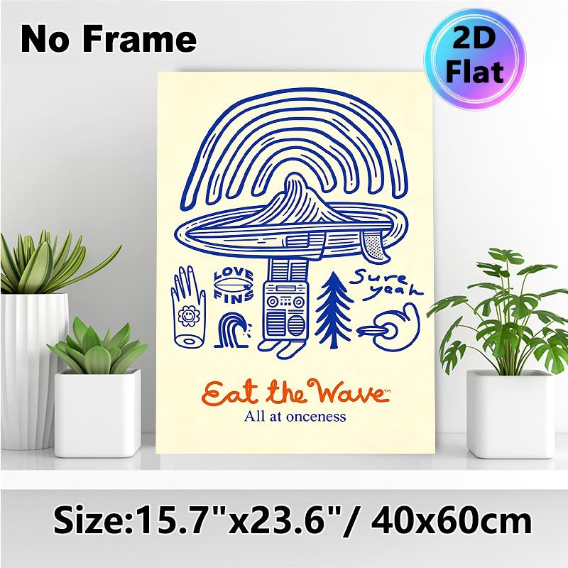 Surf Themed "Eat The Wave" Painting Poster, Playful Hand-drawn Cartoon Style Poster, Whimsical Design With Surf, UFO And Rainbow Elements, Ideal For_maomaolike.com
