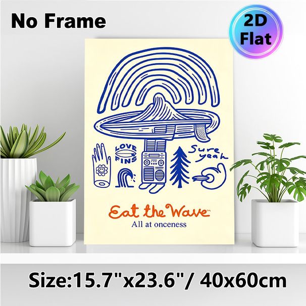 Surf Themed "Eat The Wave" Painting Poster, Playful Hand-drawn Cartoon Style Poster, Whimsical Design With Surf, UFO And Rainbow Elements, Ideal For_maomaolike.com